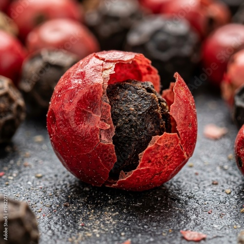 Cracked open allspice berry revealing dark brown seed