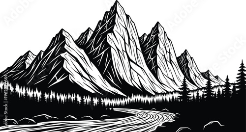 Mountain landscape with river and pine forest silhouettes, detailed black nature illustration isolated for outdoor design, wilderness themes, scenic views, and adventure projects