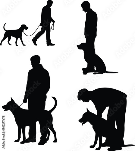 Man and dog silhouette set, pet owner walking with puppy, canine training and obedience icons