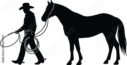 Black silhouette of a western cowboy wearing a hat and spurs walking with his loyal horse and holding a lasso rope on white background.