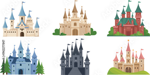 Cartoon, fairy, tale, castles, fantasy, kingdom, palace, medieval, architecture, princess, tower, colorful, illustration, set, collection, storybook, magic, design, landscape, cute