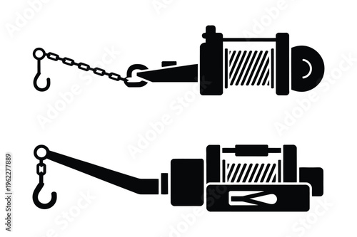 Winch and hook silhouette icons