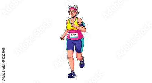 A fit senior woman participating in a marathon with a determined expression