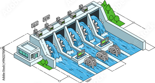Technology dam harnessing water flow powers turbines generating strong energy for futuristic sustainable solutions in power generation visuals. Suitable for energy related designs.