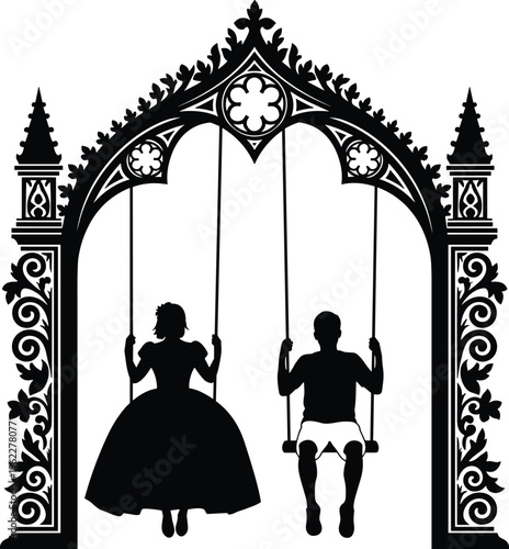 Black silhouette of a young girl in a ballgown and a boy in shorts sitting on swings under an ornate Gothic floral archway.