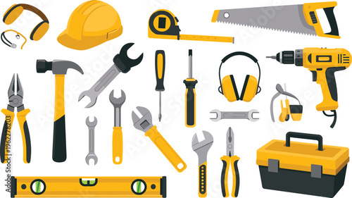 Construction, tools, set, equipment, DIY, hammer, drill, wrench, saw, helmet, toolbox, repair, hardware, industry, maintenance, illustration, collection, professional, kit, work