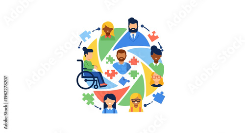 Diverse Group of People with Puzzle Pieces Representing Inclusion, Teamwork, and Community Integration - Flat Vector Illustration