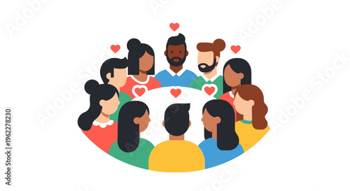 Diverse Group Circle with Hearts - Community, Love, Connection, Empathy Illustration