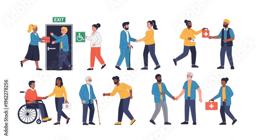 Diverse Community Support Vector Set: People Assisting Elderly, Disabled, Pregnant Individuals with Inclusivity, Empathy & Accessibility. Helping Hand Concept.