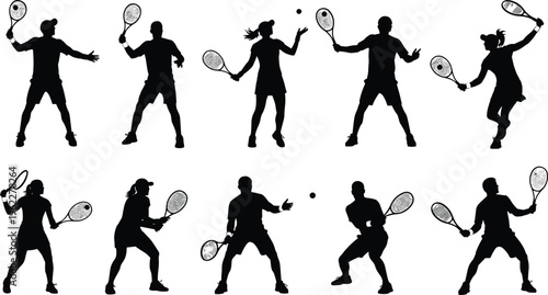 Tennis player silhouettes set with male and female athletes, detailed black sport action poses isolated for fitness design, competition themes, and illustration projects
