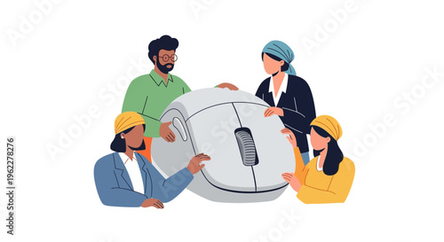Diverse Business Team Collaborating on Giant Computer Mouse: Digital Strategy & Collective Tech Effort