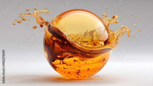 Orange-Brown Liquid Splashing Inside Glass Sphere, Isolated on White, High-Res 3D Render for Creative Projects