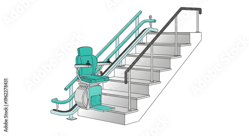 A vector graphic illustration of a stairlift chair on a staircase with a handrail, designed for accessibility and mobility aid.