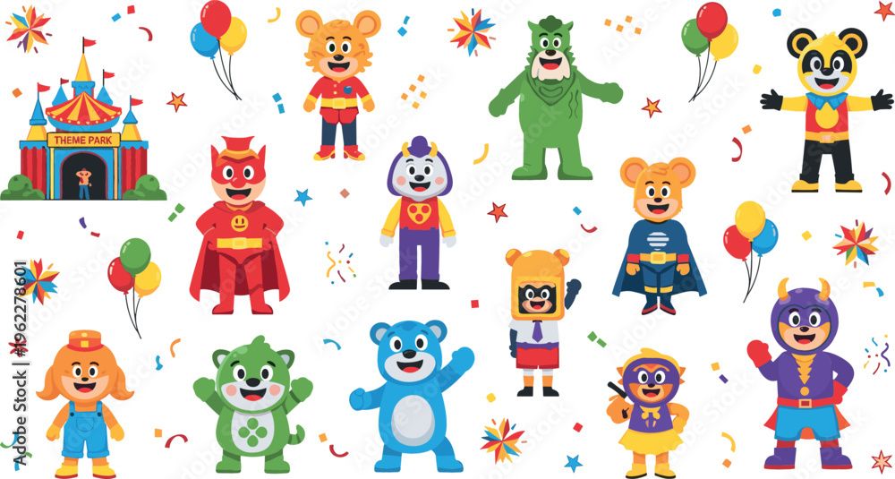 Fototapeta premium Circus and Superhero Bear Character Icon Set with Balloons, Confetti, and Fun Carnival Elements