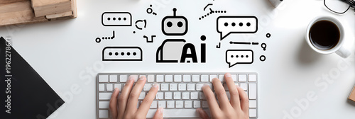 Person Typing on Laptop with Artificial Intelligence Robot and Digital Tech Interface