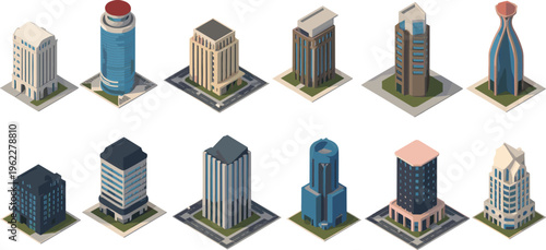 Isometric, modern, buildings, skyscrapers, office, architecture, 3D, city, urban, business, tower, commercial, realestate, skyline, design, illustration, set, collection, exterior, corporate