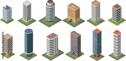 Isometric, modern, buildings, skyscrapers, office, architecture, 3D, city, urban, business, tower, commercial, skyline, realestate, design, illustration, set, collection, exterior, corporate