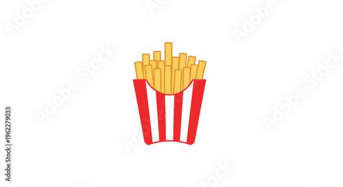 Cartoon depiction of french fries within a red and white striped container on white background