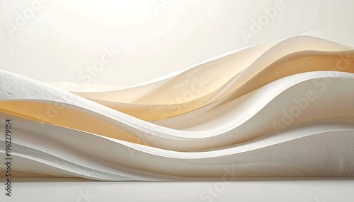 Elegant Abstract Waves Background with Flowing White and Golden Beige Fabric Textures, Creating a Luxurious and Serene Rippled Surface for Modern Design Projects