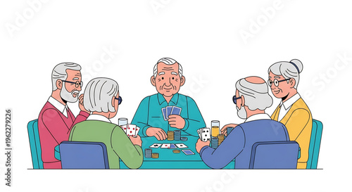 A group of senior friends playing cards and having fun together in a social gathering