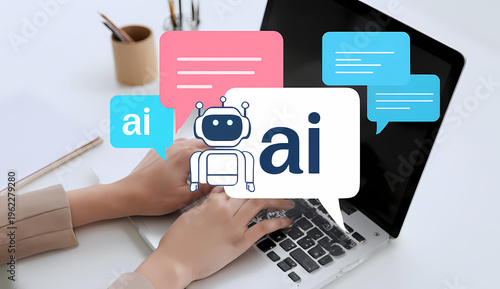 Person Typing on Laptop with Artificial Intelligence Robot and Digital Tech Interface