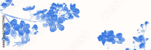 Blue cyanotype spring blossom botanical background. Halftone overlay texture with flower silhouette. Vector delicate nature art, indigo blue wallpaper for banner, template, graphic design project.