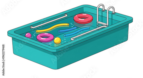 A colorful vector illustration of a bathtub filled with water and various bath toys and accessories.