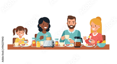 Happy Diverse Family Enjoying Breakfast Together at Home - Morning Meal Flat Vector Illustration