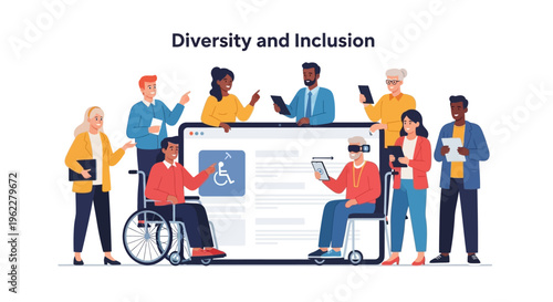 Diverse and Inclusive Team Collaborating on Digital Accessibility and Workplace Equality Illustration