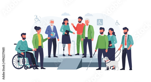 Diverse Group: Inclusion and Accessibility for People with Disabilities. Represents Equality, Support, and Community.