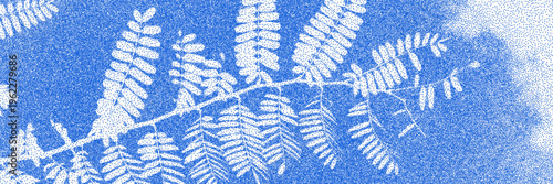 Cyanotype stipple overlay texture bg with leaves silhouettes. Vector soft blue wallpaper for template, graphic design projects, artworks