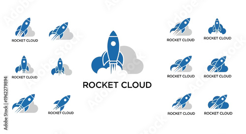 A collection of rocket ship logos in blue, with the words 'Rocket Cloud' underneath them