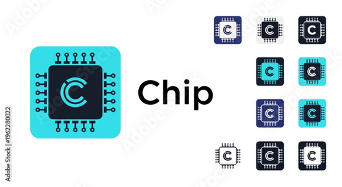 Conceptual graphic of a microchip circuit board with variations and 'chip' text design