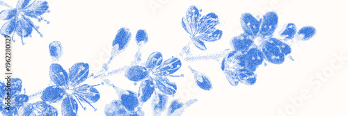 Blue cyanotype apple blossom botanical background. Stipple dot overlay texture with flower and twig silhouette. Delicate indigo blue nature banner for template and graphic design project.