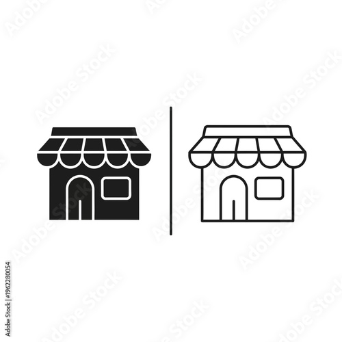 Storefront icon: black and outline versions for retail and commerce with graphic symbolizes