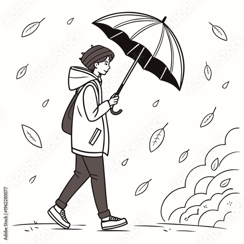 A person walking in the rain with an umbrella on a windy day outside