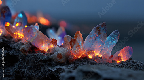 Glowing Crystal Formations Emerging from Rock, Refracting Light in Mystical Cave Setting