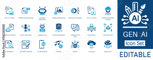 Generative AI and Creative AI solid icon set. Featuring prompt engineering, text to image, text to video, and content generation. Vector icons for tech startups and software projects.