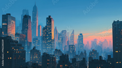 Stunning Parallax Cityscape Skyline at Dusk with Layered Buildings and Atmospheric Depth