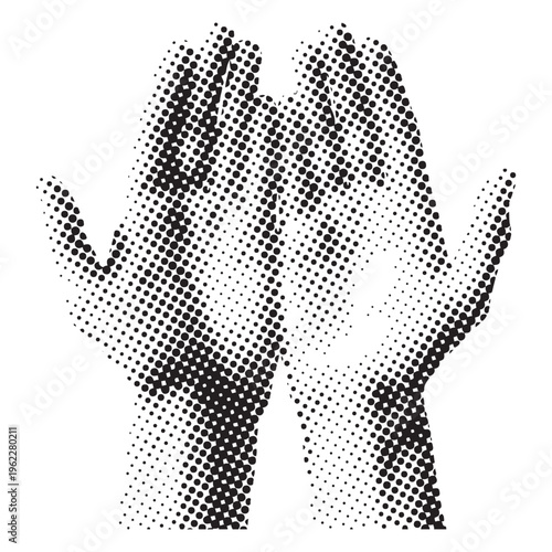 A pair of open cupped hands rendered in a halftone dot pattern design isolated on transparent background