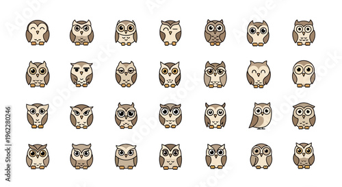 A Collection of Charming Owl Icons Displaying a Range of Expressions and Poses