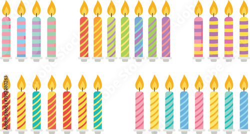 Colorful Birthday Candle Vector Set with Striped Party Candles, Lit Flame Decorations, and Celebration Elements for Cake Design and Festive Events