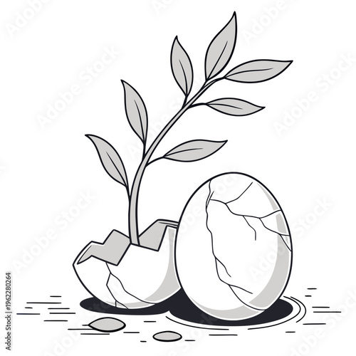 A sprouting seedling emerges from a cracked eggshell