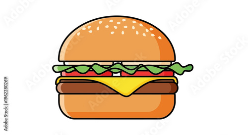 A delicious and tempting cartoon illustration of a classic hamburger on a white backdrop