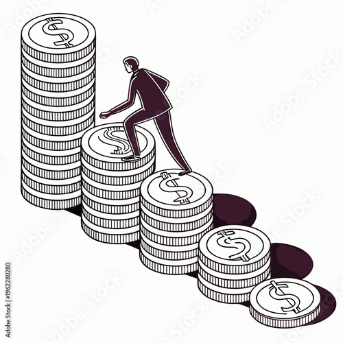 A man climbing up and down a stack of dollar coins