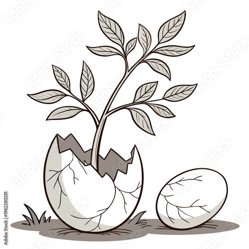 A plant sprout emerging from a cracked eggshell with one whole eggshell beside it