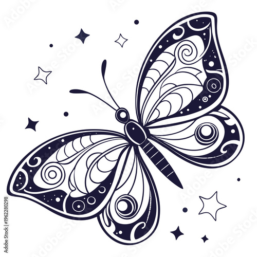 A beautiful butterfly with swirling patterns on its wings with stars