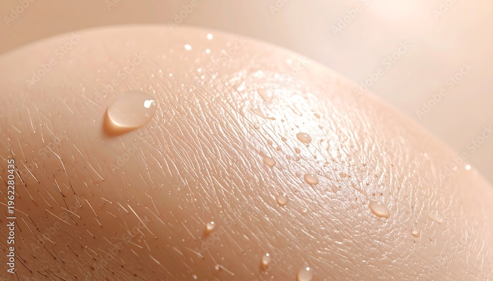 Fototapeta premium Close-up macro shot of human skin with water droplets reflecting light, showcasing texture and moisture