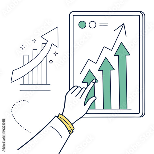 A hand pointing to a green arrow graph on a tablet screen with a bar chart and rising arrow in the background