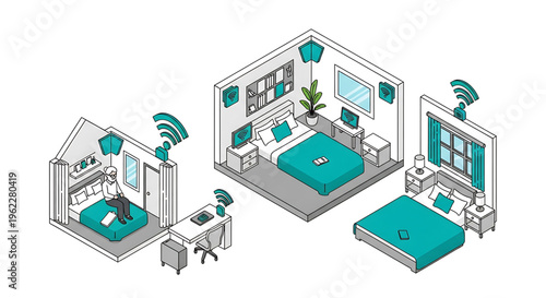 A vector graphic illustration of a smart home with Wi-Fi connectivity in various rooms
